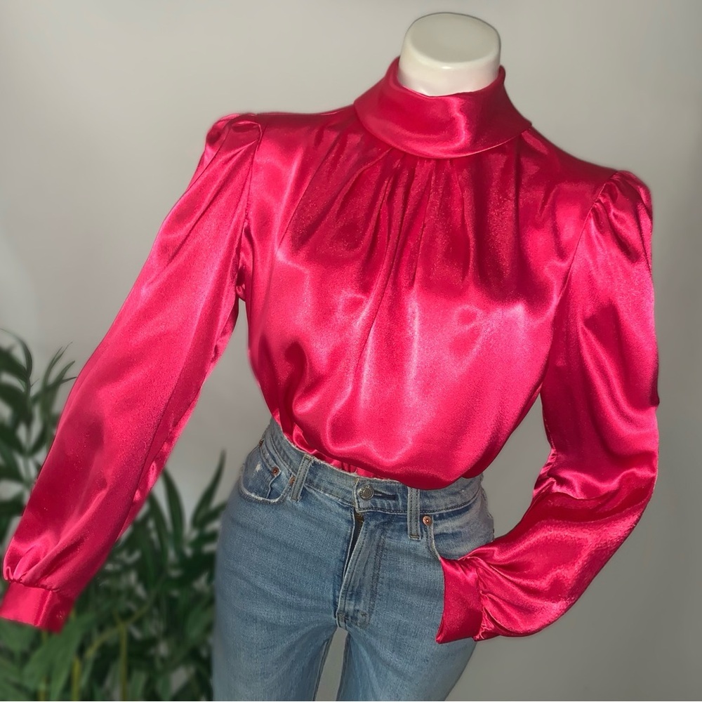 v i n t a g e :: Draped Pleated High Neck Satin Blouse Puff